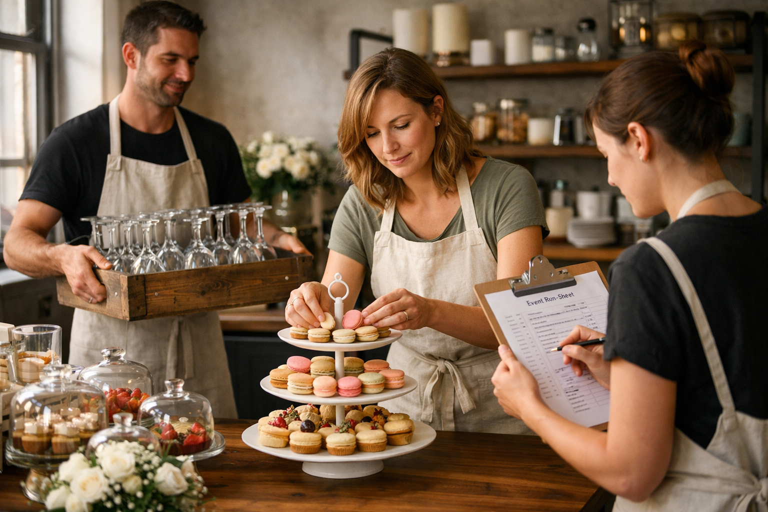 Hazırlık atölyesinde tatlı masası kurulumu